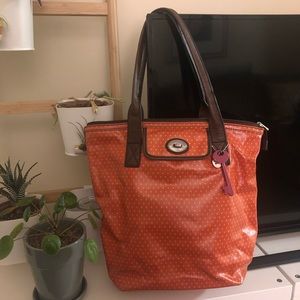 Fossil Key-Per Orange Polka Dot Large Tote Bag